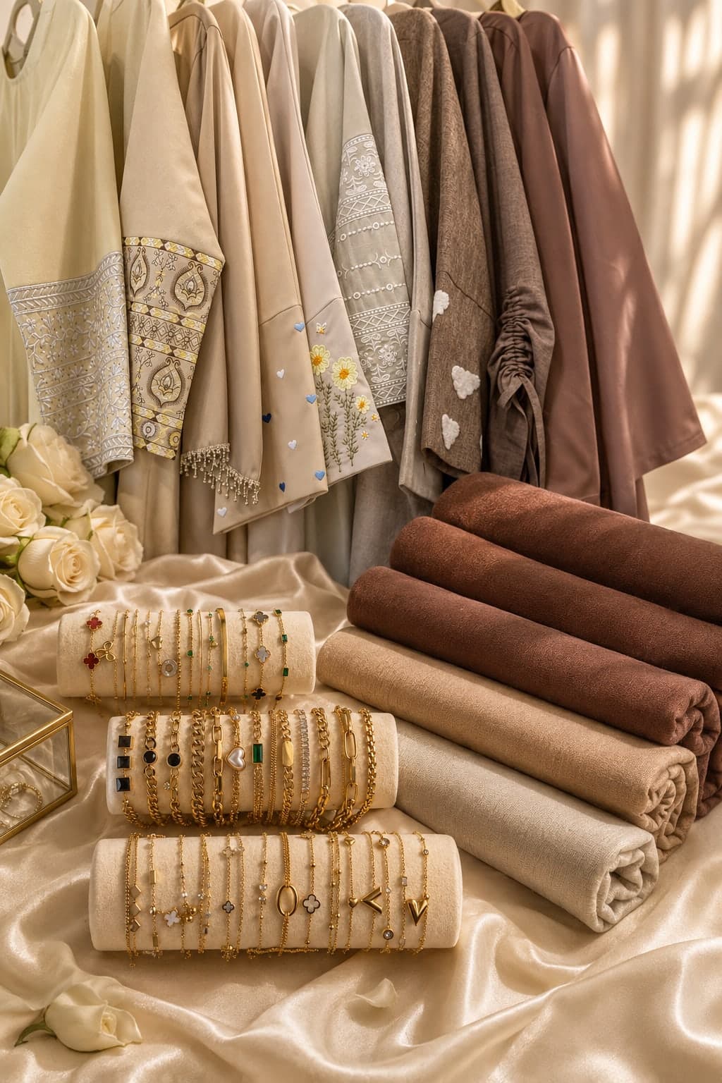 Nour abayas, hijabs, and jewellery, laid out together
